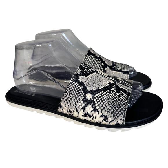 Sorel Ella II Animal/Snake Block Slide Sandals Womens Black/Silver US9.5 EU40.5 - Picture 1 of 9